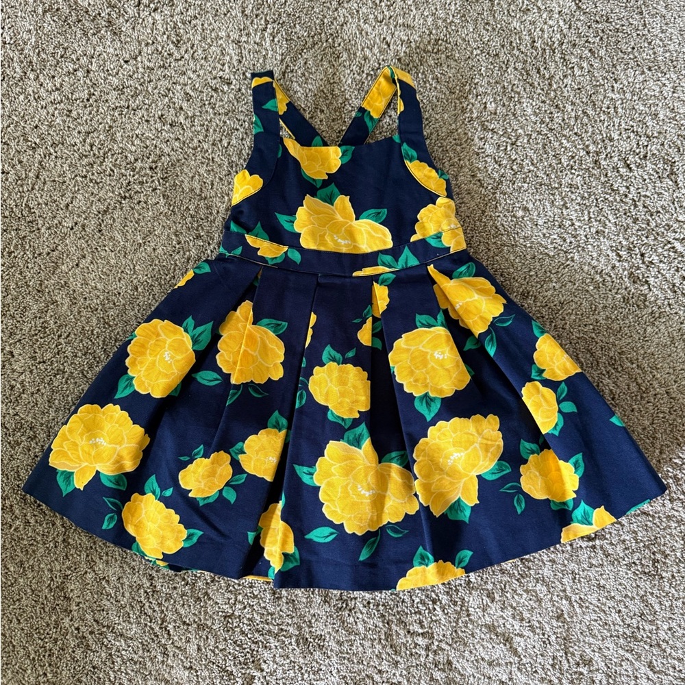 NWT Janie and Jack Navy Blue with Yellow Flowers Criss Cross Straps Dress18-24mo